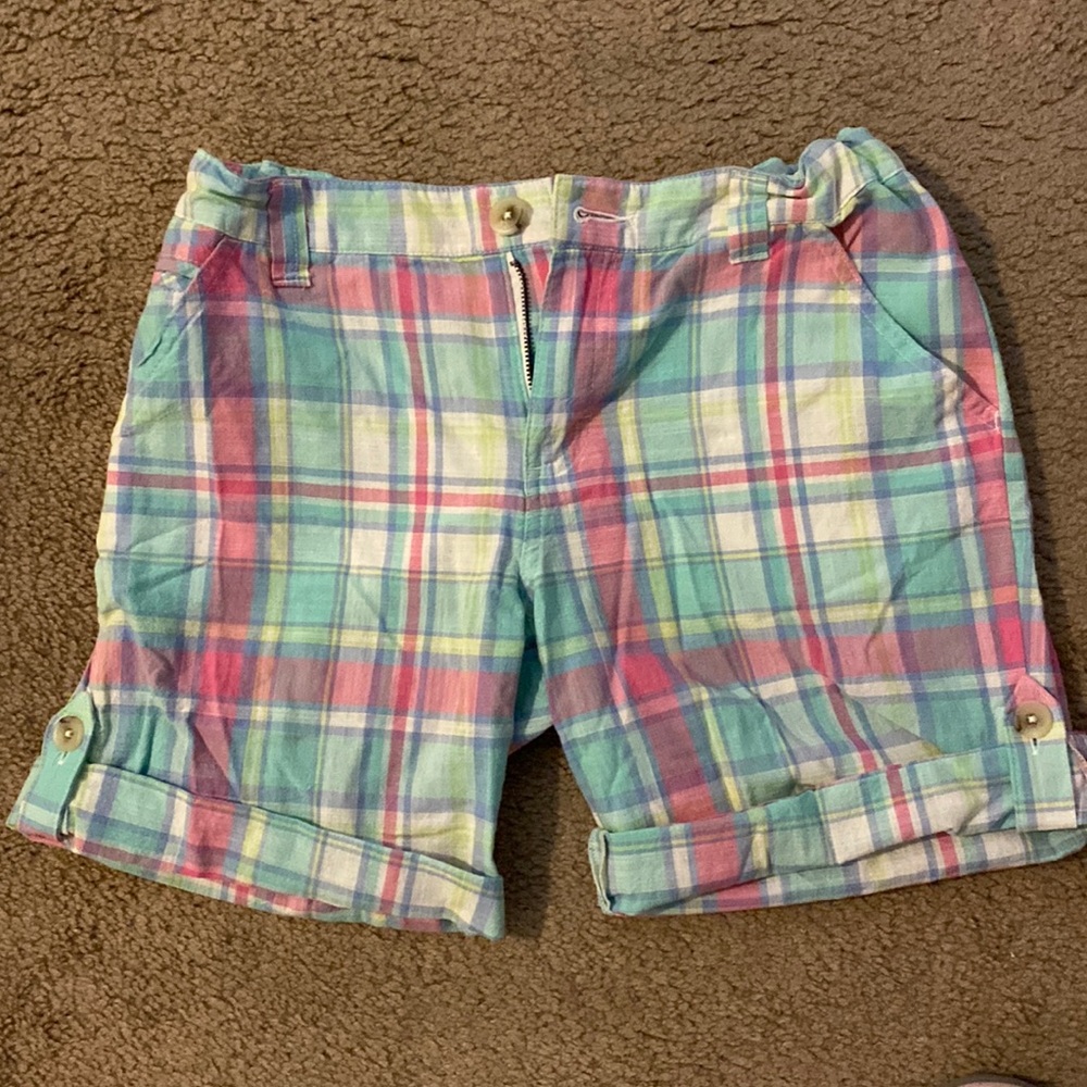 Girls plaid, pink, white and light green shorts